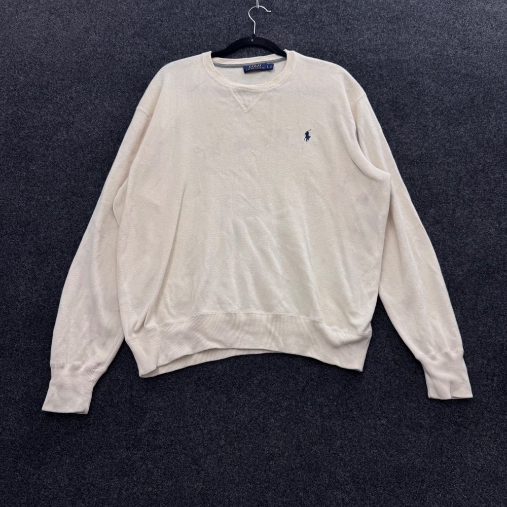 Polo Ralph Lauren Cream Off White Crewneck Sweater Navy Pony Logo Size Large